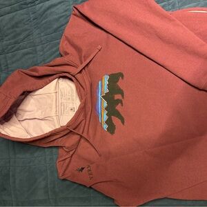 Patagonia Rust Red Brown Hoodie with Multicolor Bear Graphic